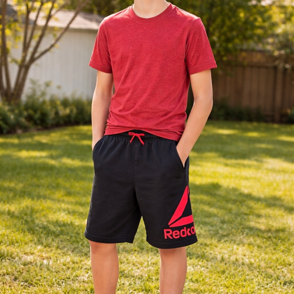 Reebok Boys Athletic Shorts Size 14/16 Black Red Logo Drawstring